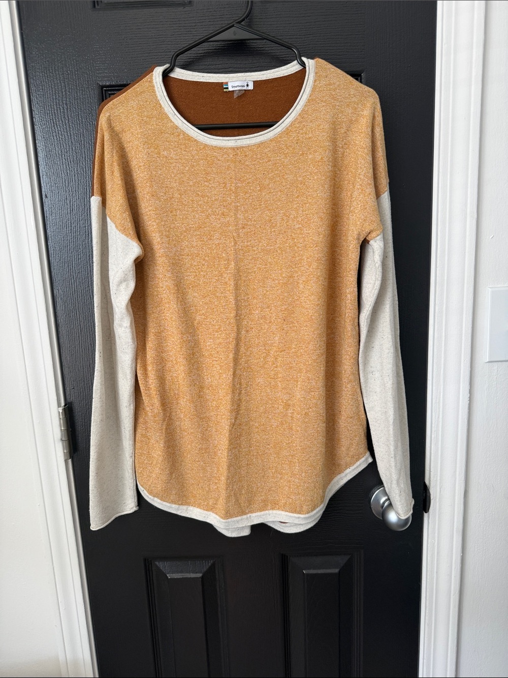 Two-Tone Mustard Body with Cream Sleeve Scoop Neck Long Sleeve Top